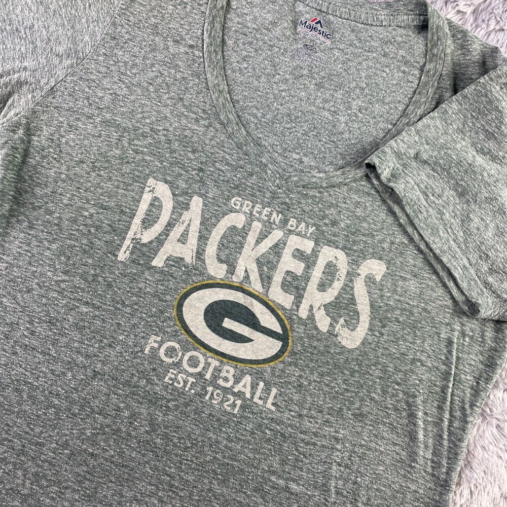 Green Bay Packers Shirt Womens Large Green White Heather Vneck Short Sleeve NFL